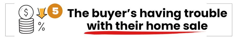 Illustration of a stack of coins and a dollar sign with a downward arrow. Text: The buyer's having trouble with their home sale.
