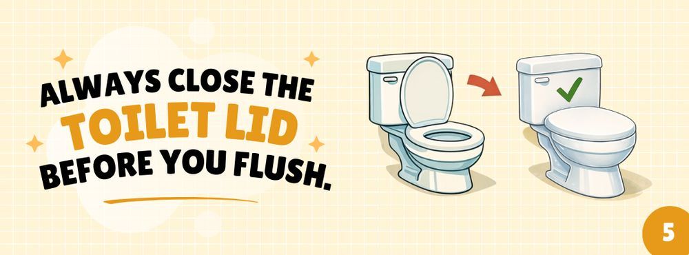 Illustration showing a toilet with the lid open and another closed with a checkmark, with text above, 