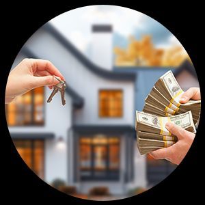 Hands exchanging keys for money in front of a house.