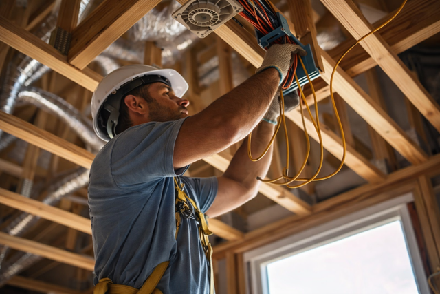 A construction worker in a hard hat wiring an electrical box into exposed wooden ceiling joists.