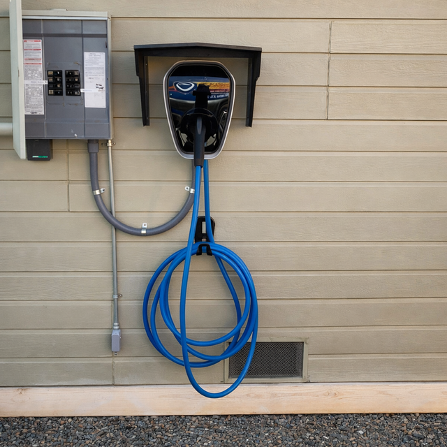 An electric vehicle charging station mounted on an exterior wall with a blue charging cable coiled below it.