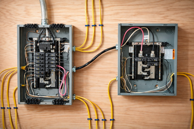 Two electrical breaker panels mounted on a plywood wall, connected by a black cable with multiple yellow wires exiting.