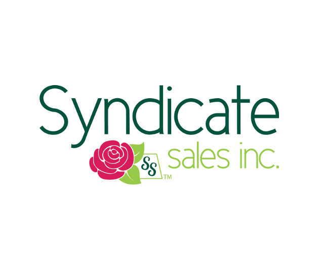 Logo for Syndicate Sales Inc., featuring dark green text, a pink rose graphic, and the letters 