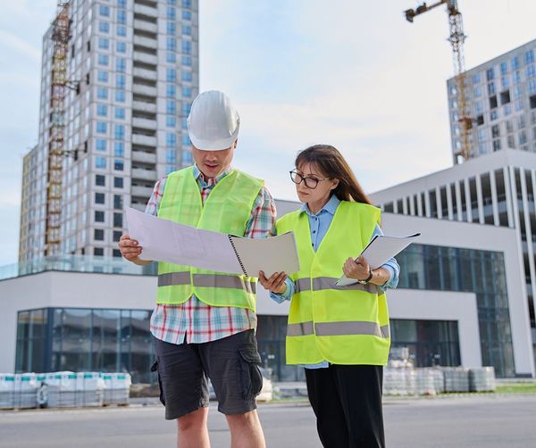 A man and a woman are standing in front of a building looking at papers.