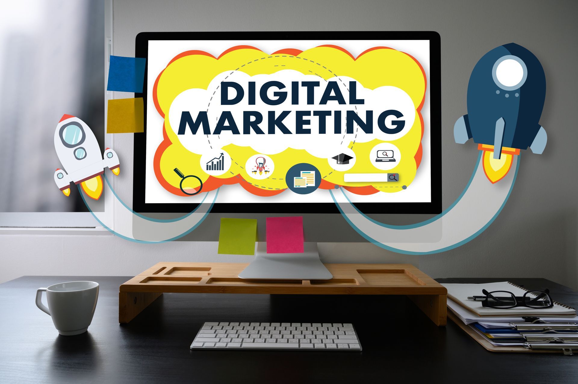 A computer monitor with the word digital marketing on it.