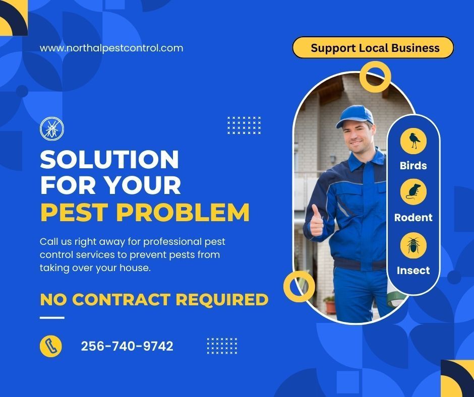Blue pest control ad. Smiling worker, thumbs up. Text: