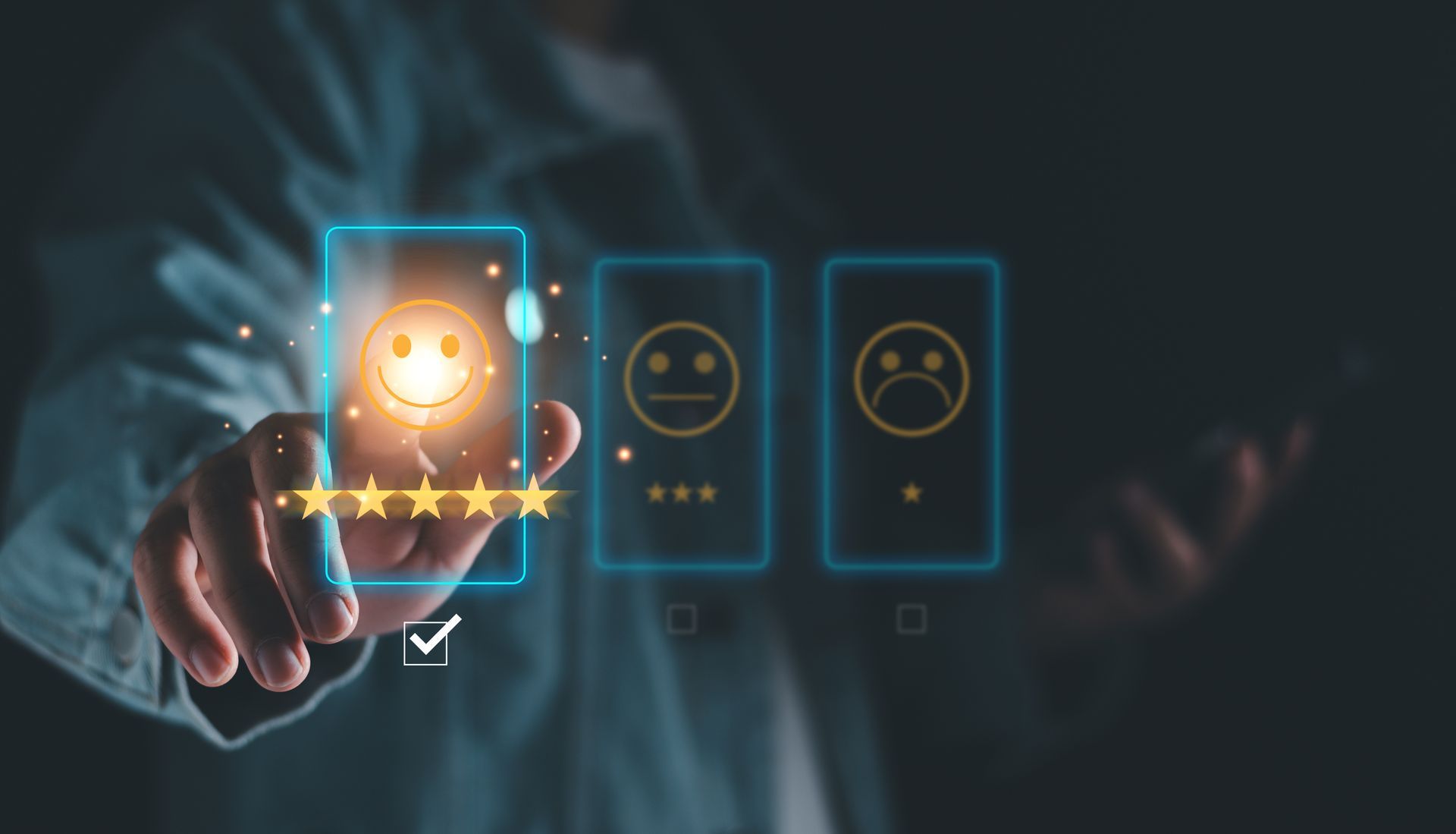 Person selecting a five-star rating with a smiley face icon, glowing on a digital interface.