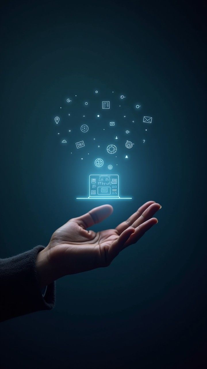 Hand holding glowing laptop icon with digital data icons floating above.