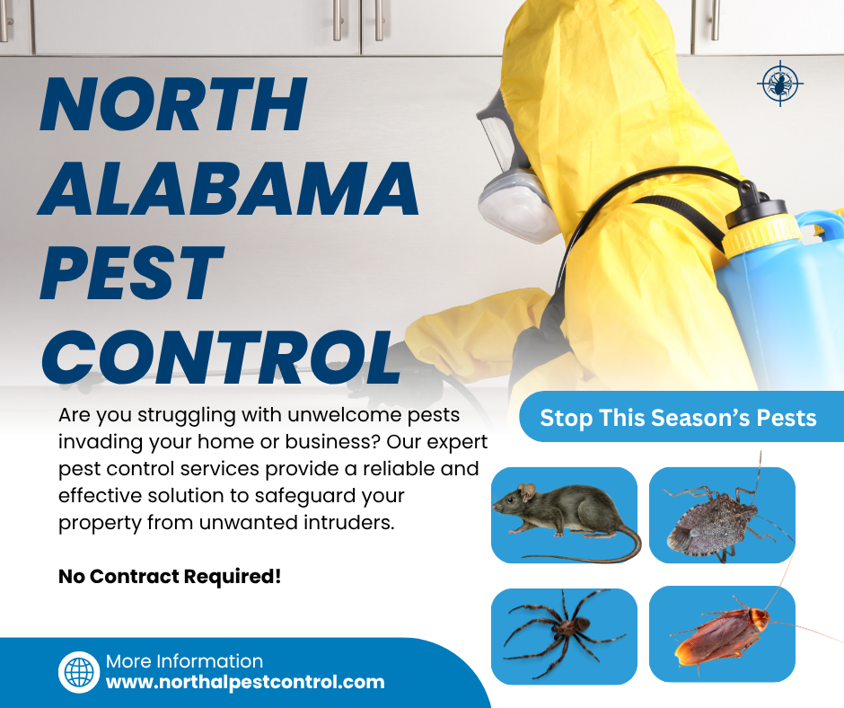 Pest control ad: Person in protective suit spraying; pests pictured: rat, spider, roach, and bed bug.