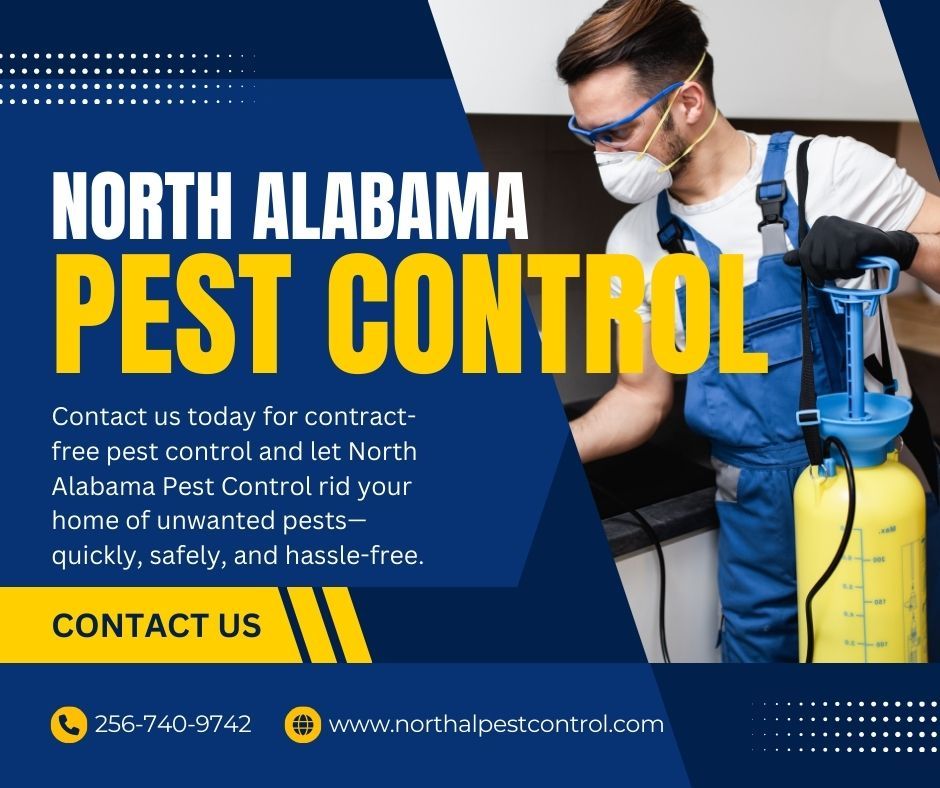 Advertisement for North Alabama Pest Control: a man in safety gear spraying a building, dark blue/yellow color scheme.