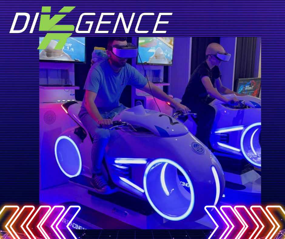 Two people on light cycle VR machines, wearing VR headsets, racing. Neon blue and purple lighting.