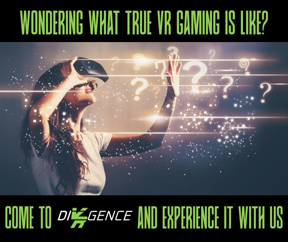 Woman wearing VR headset, reaching out towards question marks. Text: