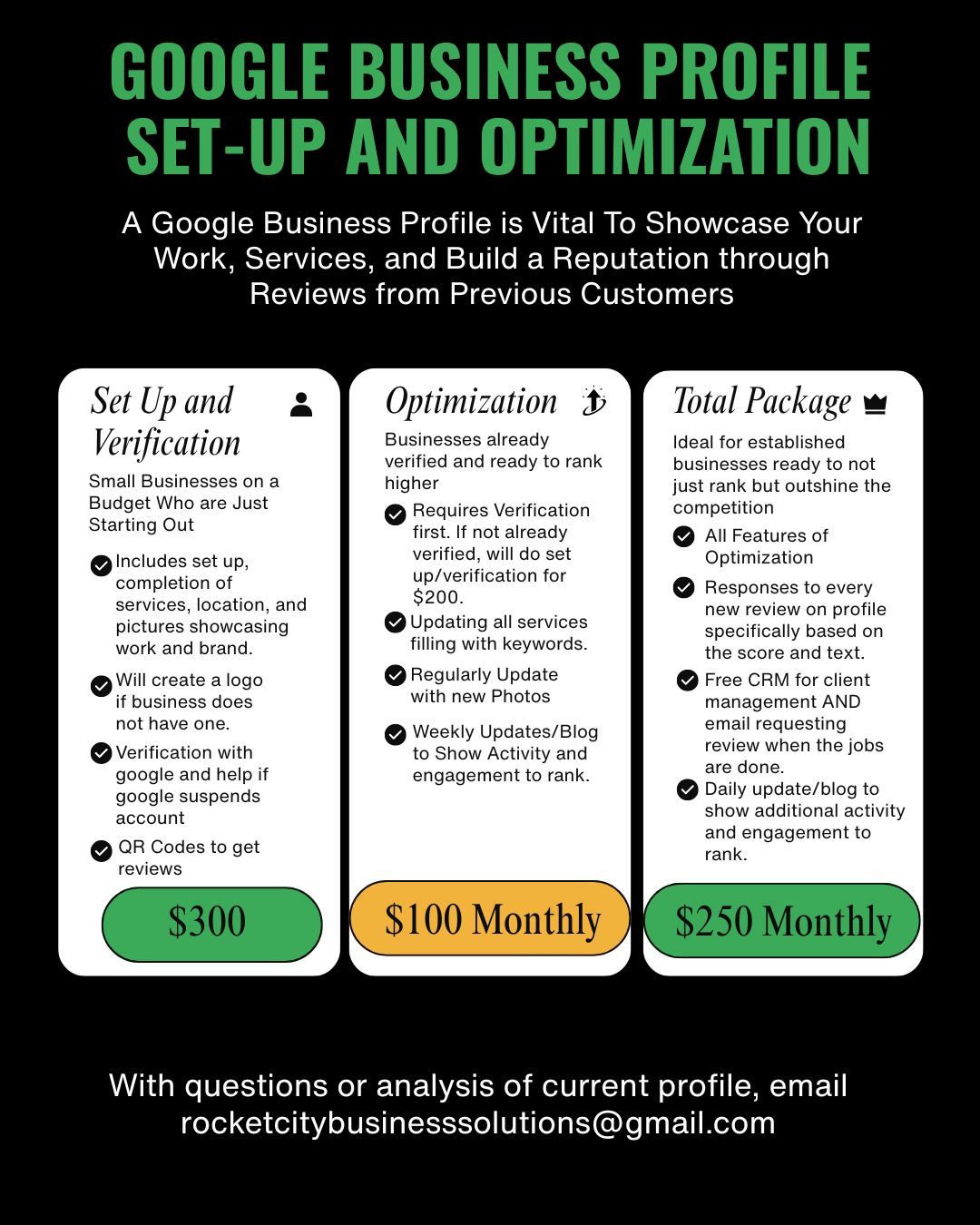 Google Business Profile set-up and optimization service ad. Includes package prices and details. Contact: rocketcitybusinesssolutions@gmail.com