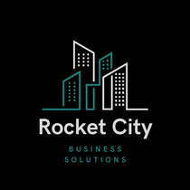 A logo for rocket city business solutions with three buildings on a black background.