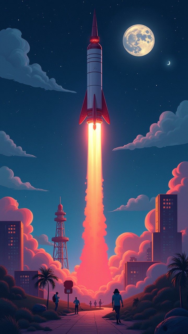 Rocket launching at night, red flame, cityscape, moon, pink clouds.