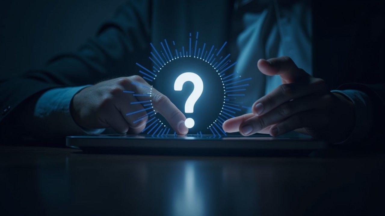Hands touching a glowing question mark on a tablet, symbolizing a query in a dark setting.