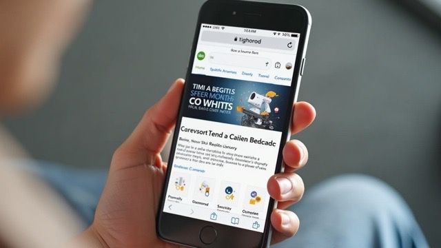 Person holding a smartphone with a webpage open, showing text and icons on the screen.