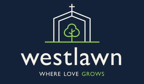 Logo for Westlawn, a church, featuring a church-shaped structure with a tree inside, and the tagline