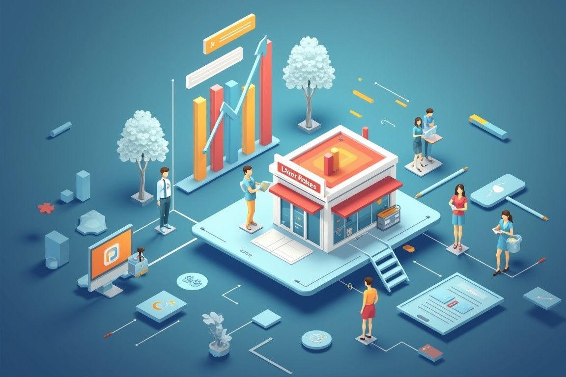 Isometric illustration of a shop with people, data charts, and connected devices, suggesting digital marketing and growth.