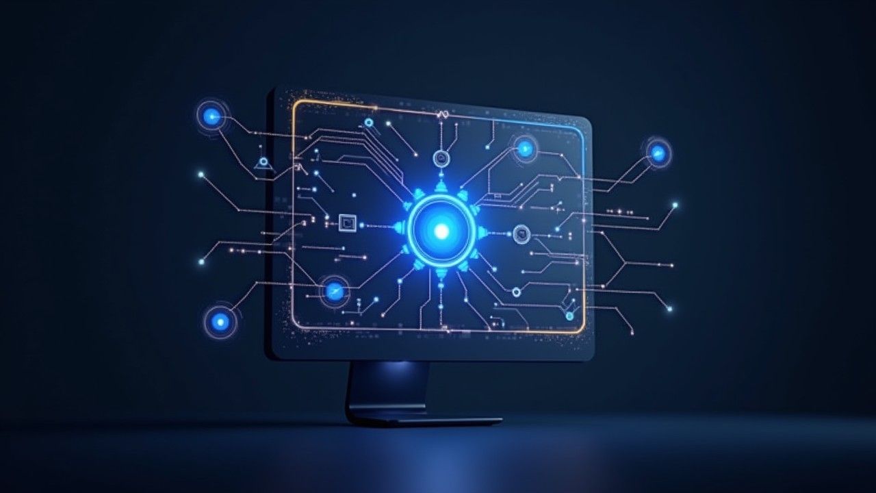 Blue glowing circuit board display on a dark background.