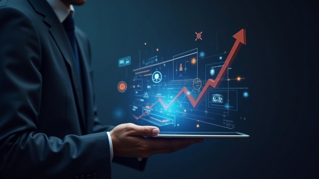 Businessman holding a tablet with a digital graph showing upward growth.