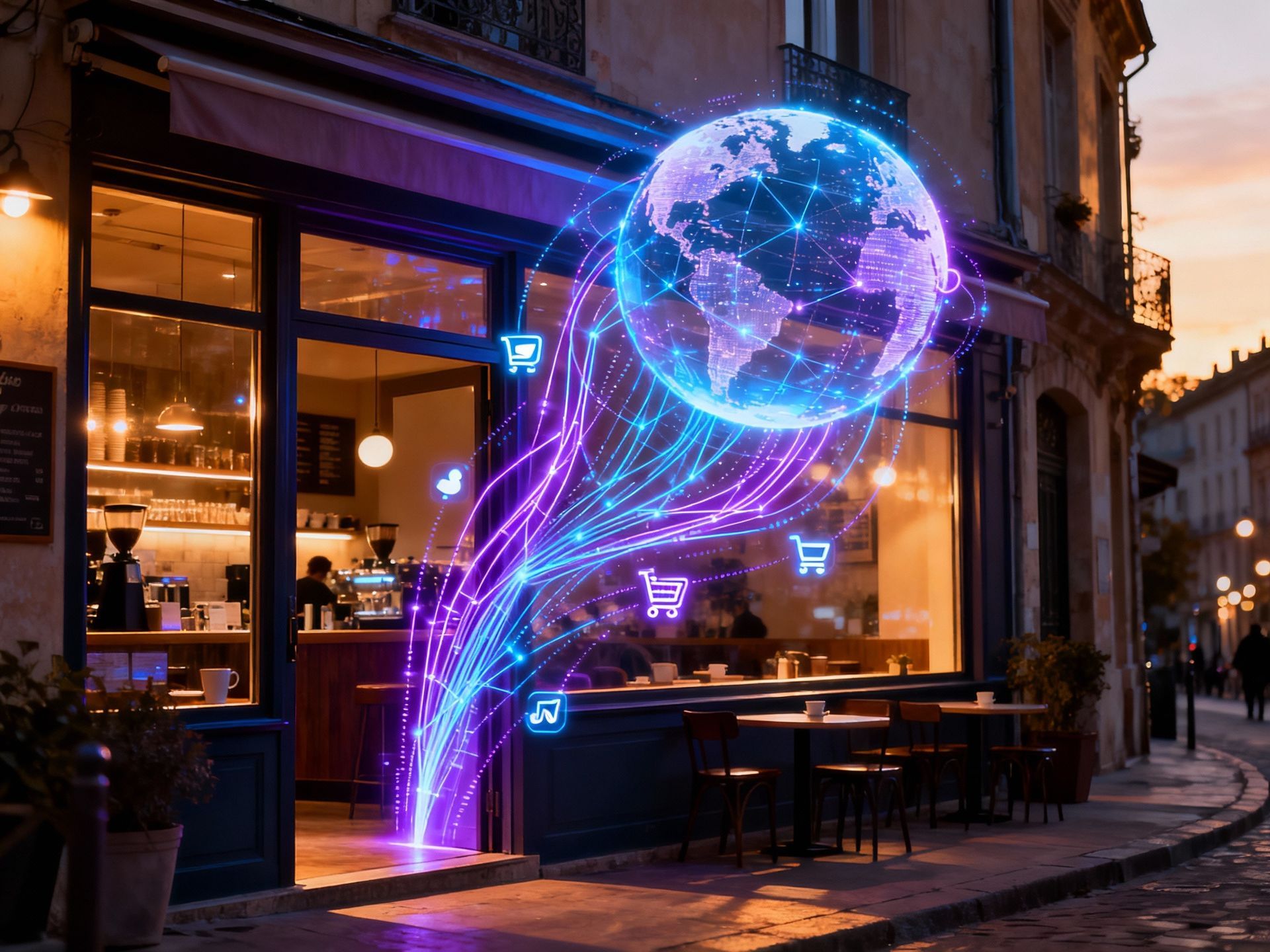 A cafe with glowing lines depicting a global network and shopping carts, suggesting online ordering.