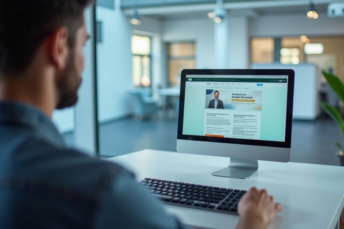Man at a computer in office, viewing a webpage with a professional profile.