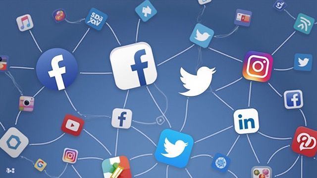 Social media icons (Facebook, Twitter, Instagram, etc.) connected by light blue lines on a blue background.