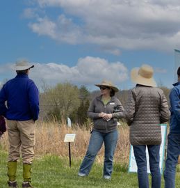 A group of people discussing art at the park