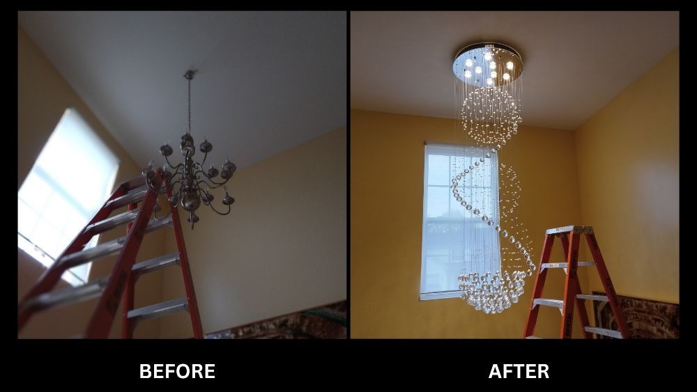 A before and after picture of a chandelier in a room