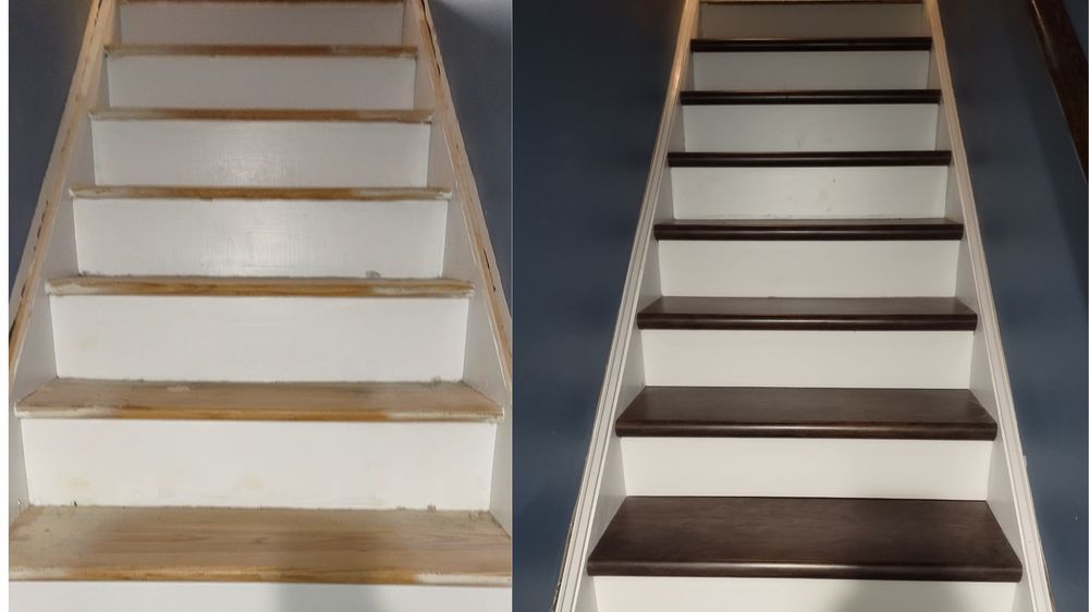 A before and after picture of a set of stairs.