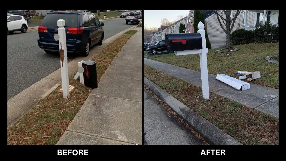 A before and after picture of a mailbox on a sidewalk.