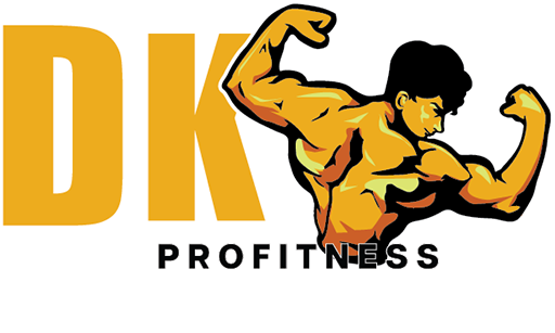 A logo for dk profitness shows a man flexing his muscles