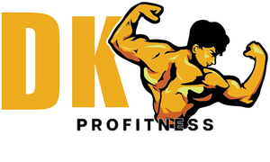 A logo for dk profitness shows a man flexing his muscles