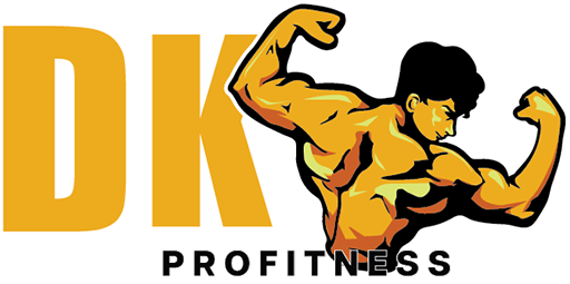 A logo for dk profitness shows a man flexing his muscles