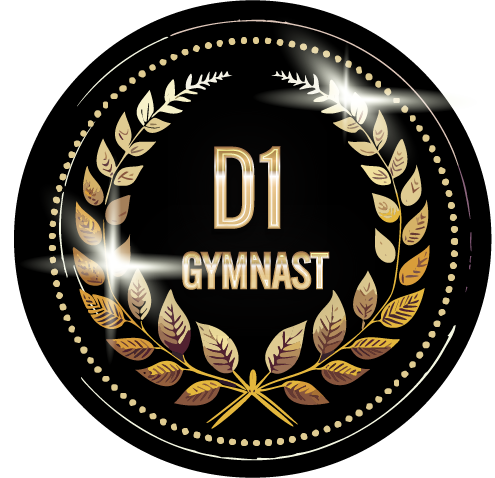 A black circle with a gold laurel wreath and the words d1 gymnast on it.