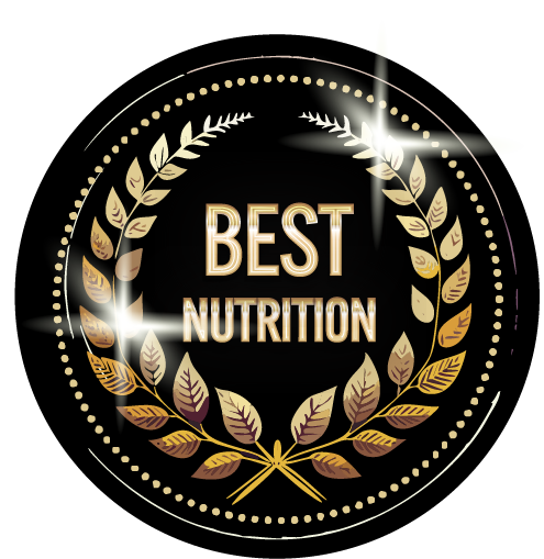 A black circle with gold leaves and the words `` best nutrition '' on it.