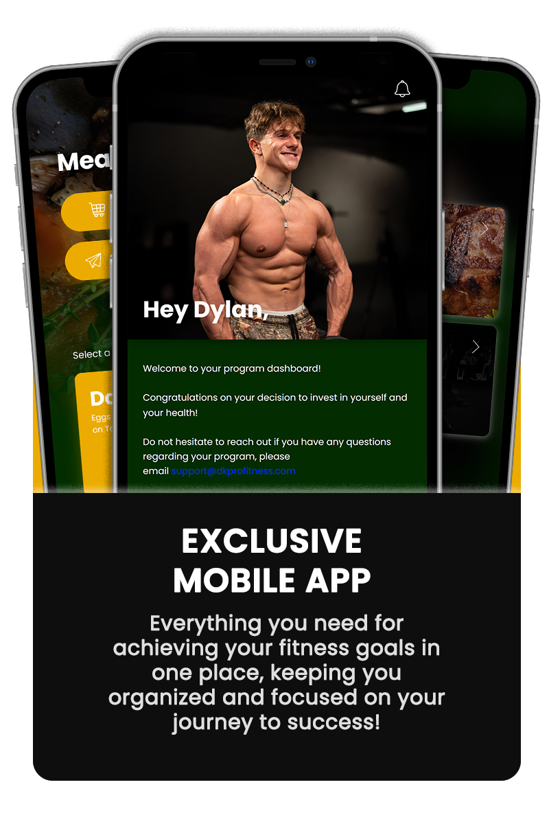 Three cell phones are displaying a meal plan app.