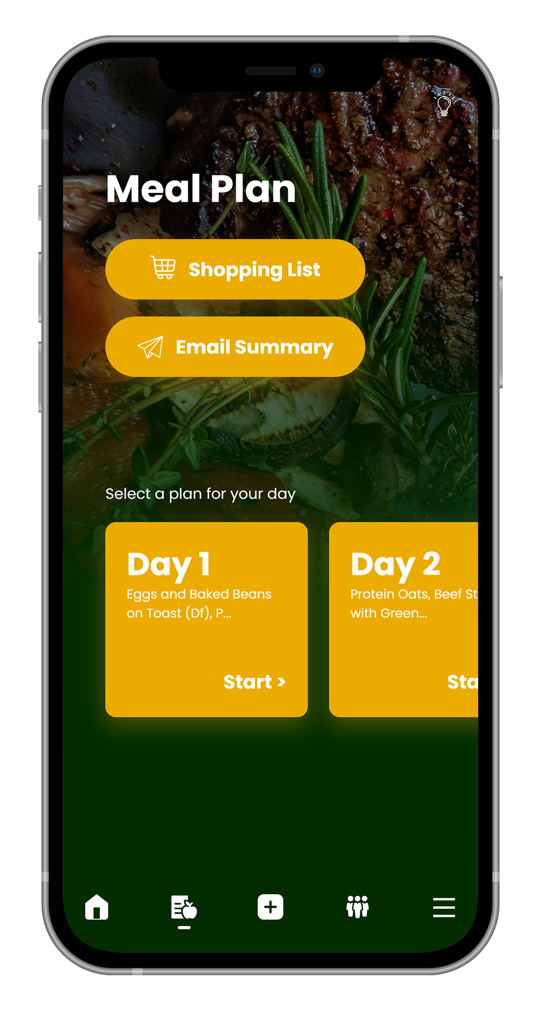A cell phone with a meal plan app on it.