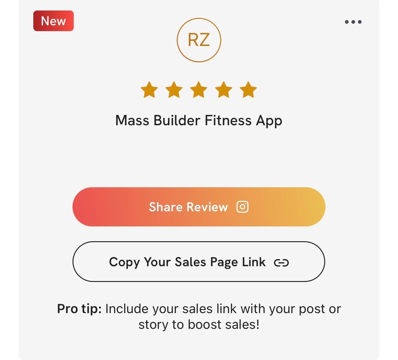 A screenshot of a mass builder fitness app with a share review button.