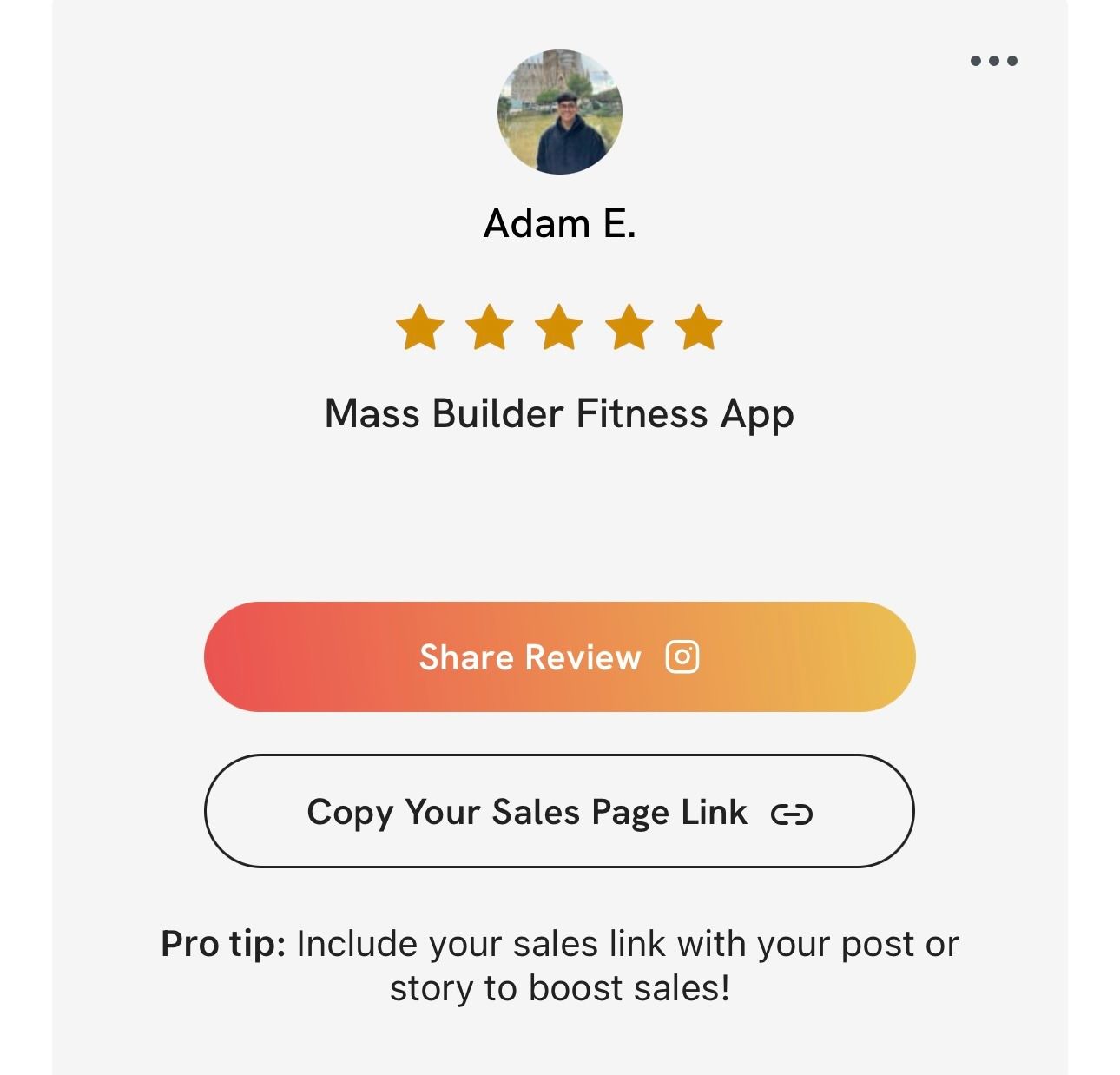 A screenshot of a mass builder fitness app with a share review button.