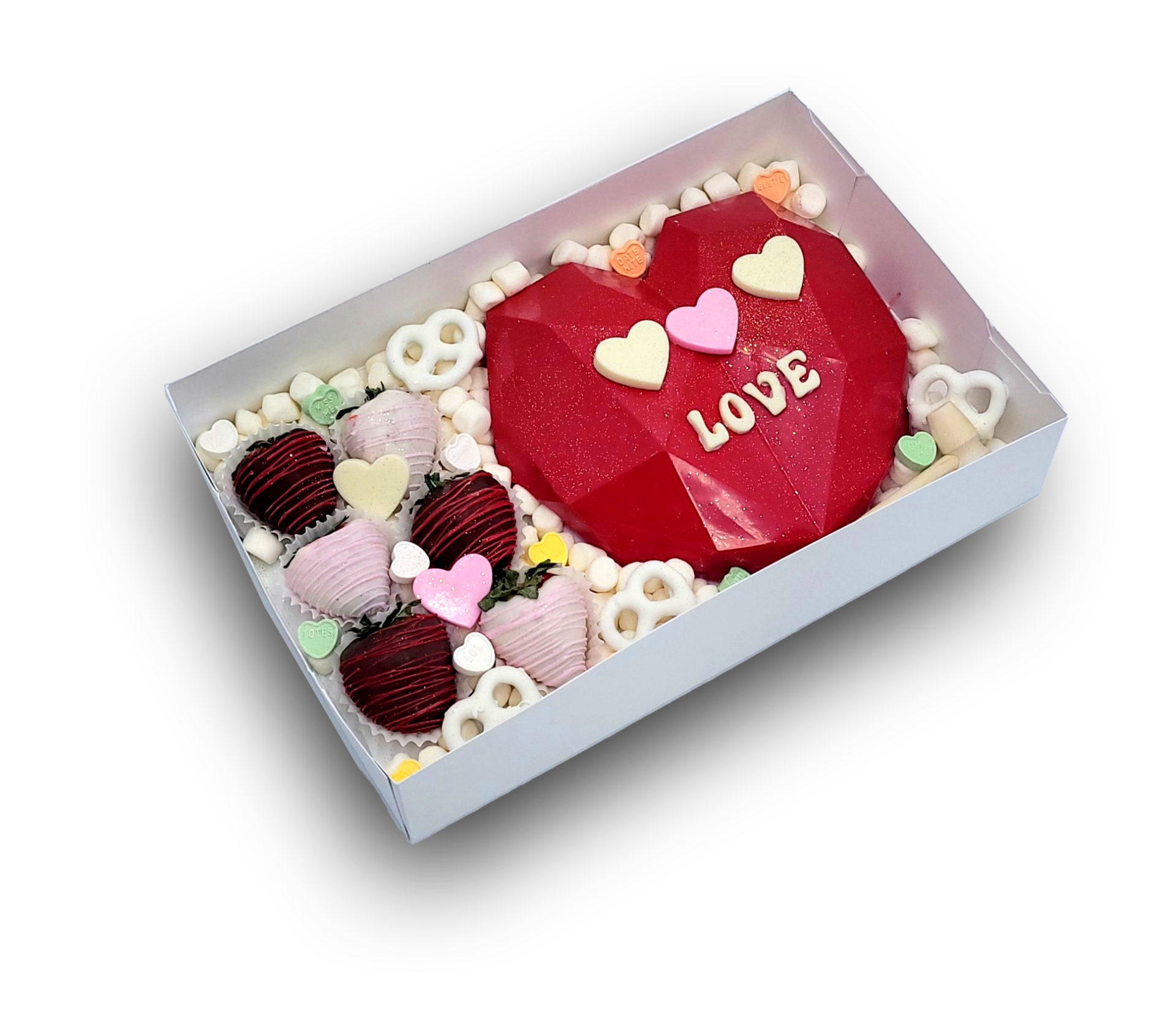 A heart-shaped red chocolate box with 