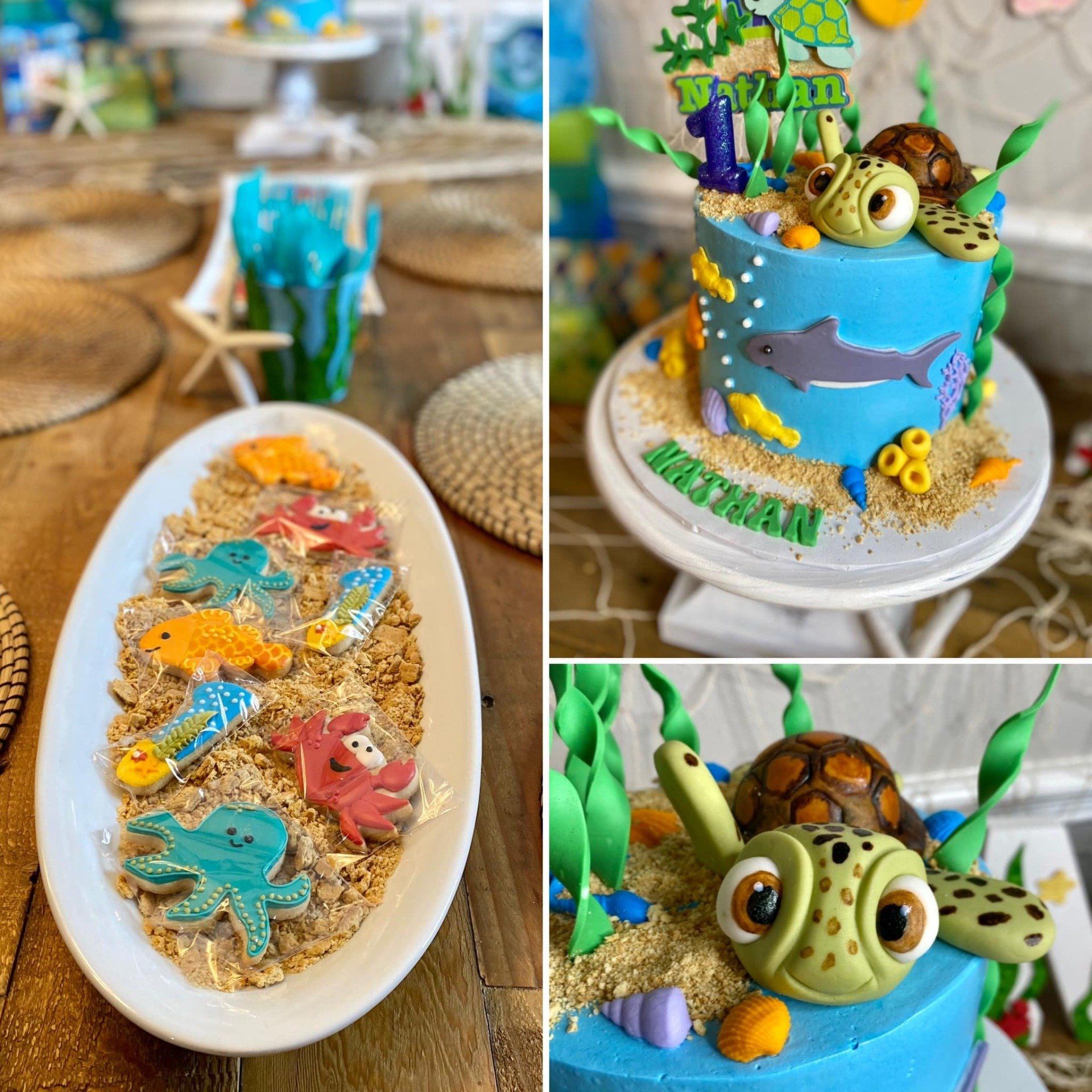 A sea-themed birthday party featuring a blue cake with a turtle topper, cookies shaped like sea creatures, and decor.