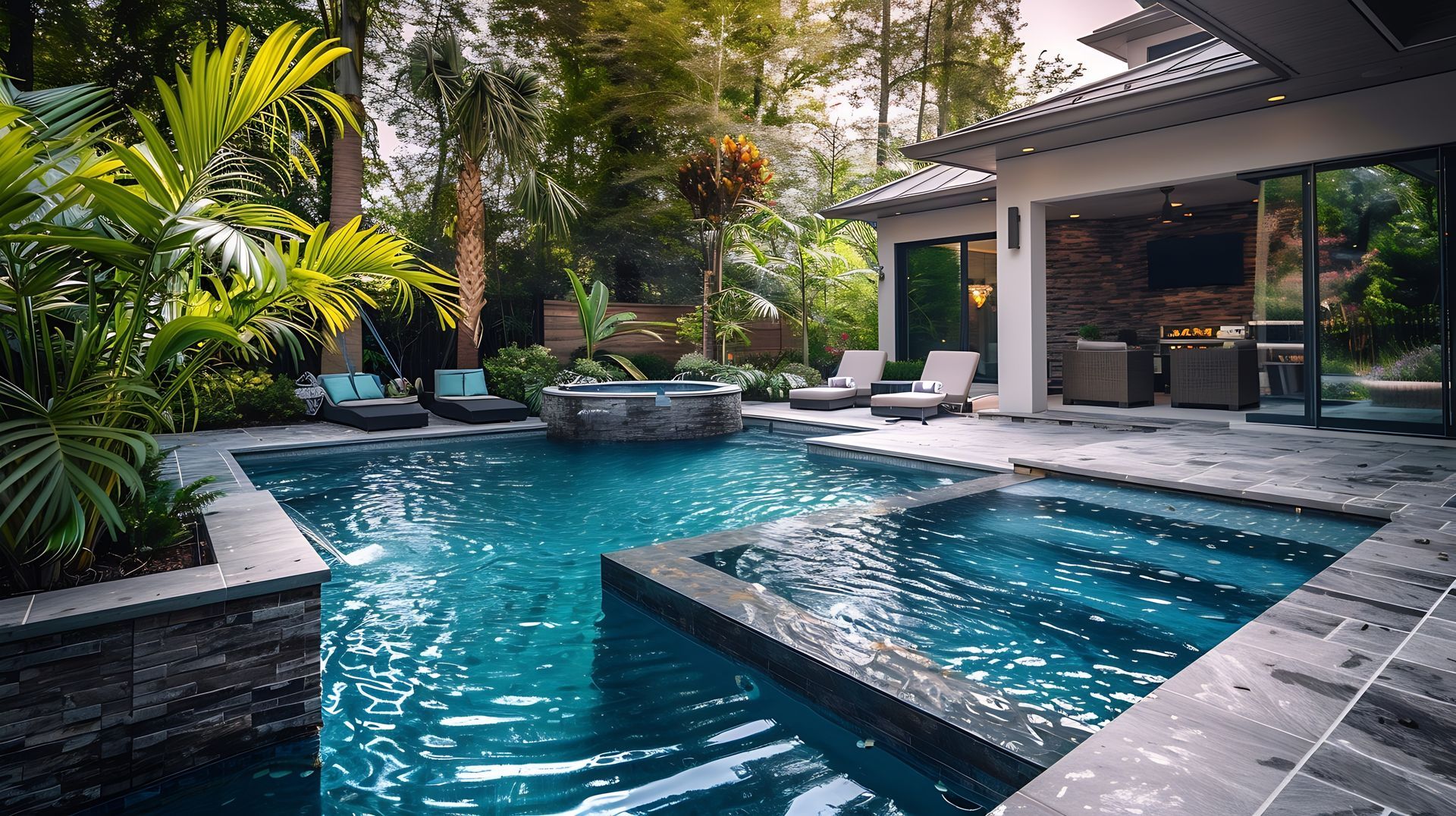 There is a large swimming pool in the backyard of a house.