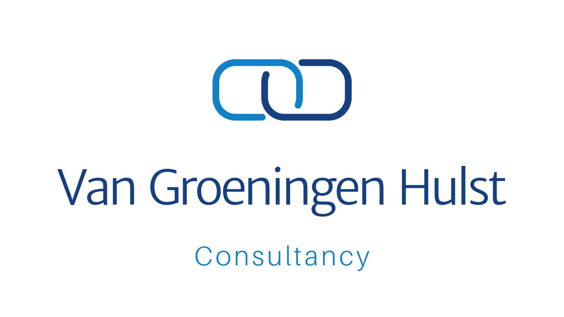 A blue and white logo for van groeningen hulst consultancy