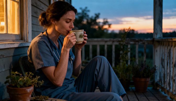 A nurse relaxing peacefully at home sitting on her porch sipping an herbal tea after a long shift