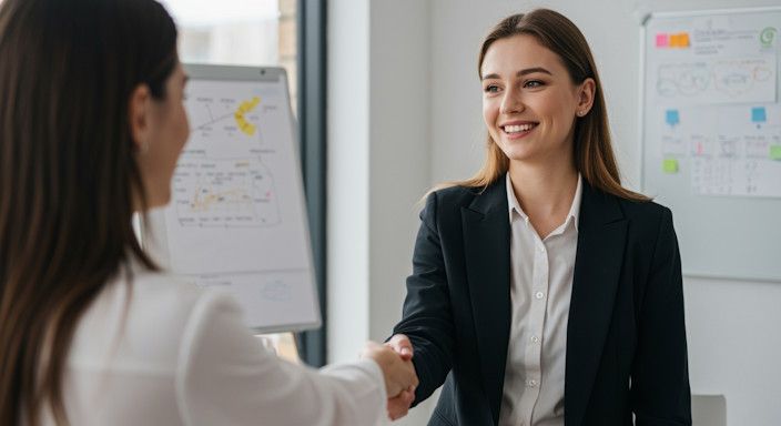 A smiling woman shaking hands confidently after a meeting.