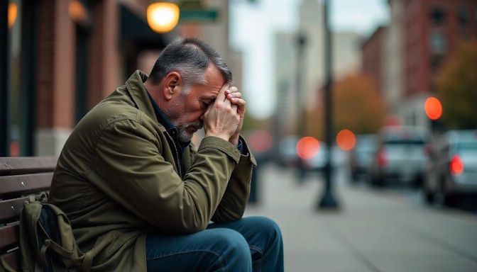 A veteran in his 40s sitting on a bench in downtown Dayton, gripping his head in his hands distressed with a PTSD flashback