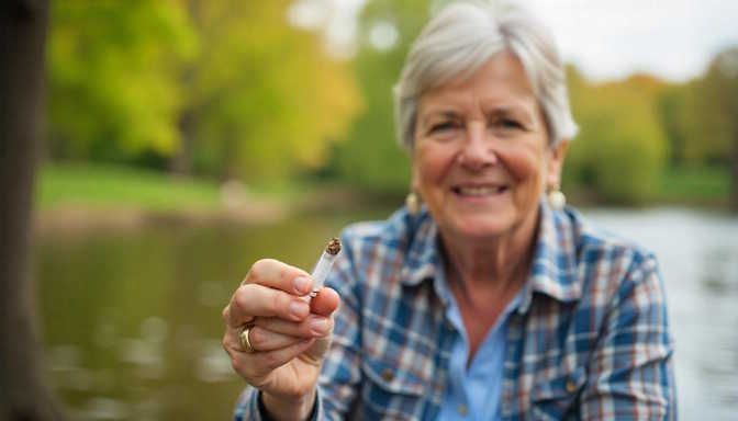 A woman sitting outdoors at Dayton RiverScape MetroPark, holding a broken cigarette showing she successfully quit smoking thanks to hypnotherapy