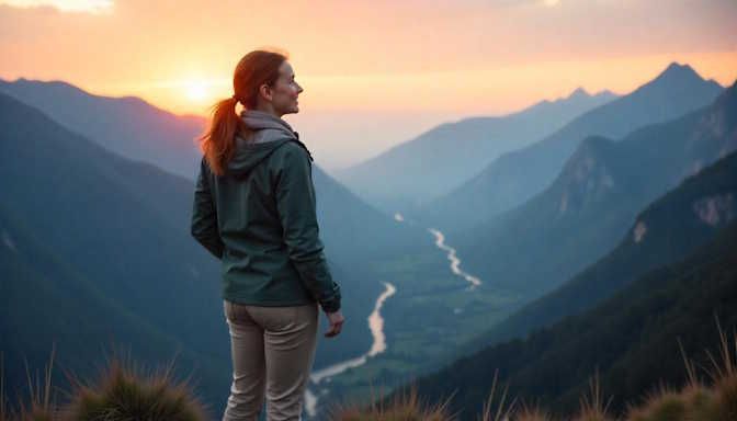 A woman looking out at a mountain valley after overcoming her fear of heights in her recent hypnotherapy session in Dayton Ohio